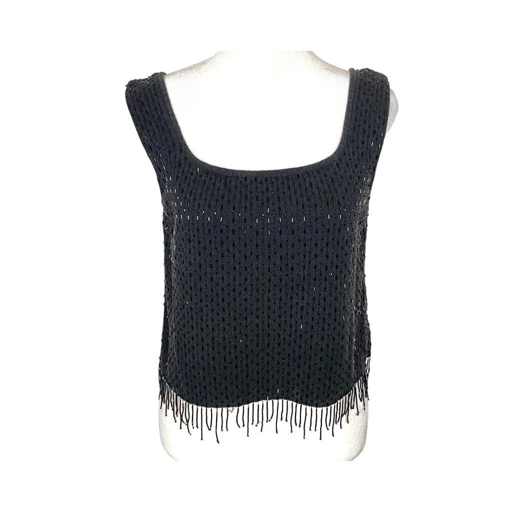 PETER NYGARD‎ Women Fringe Cropped Sequence Blouse Pullover Sz M Black 77-10